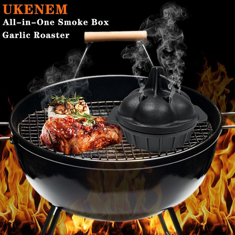 ENEM Small Cast Iron Garlic Roaster with 4 Iron Fish, Pre-Seasoned Smoker Roaster, Garlic Cooker, Garlic Roasting Pot, Mini Cocotte Garlic Potato Baker, Wood Chip Smoker Box for BBQ Meats Vegetables - Image 2